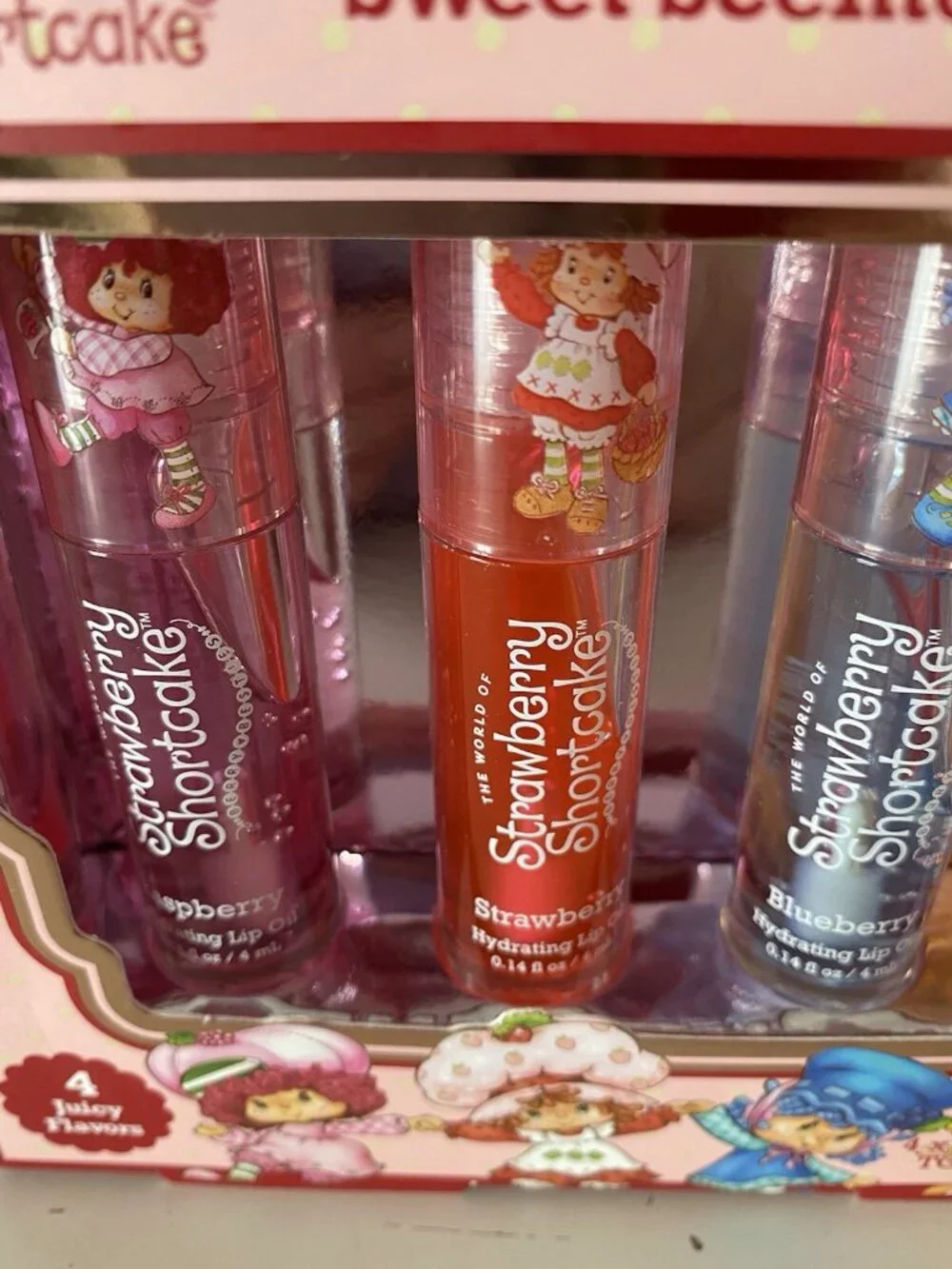 4 Pk Strawberry Shortcake Scented Hydrating‎ Lip Oils Raspberry Blueberry Lemon